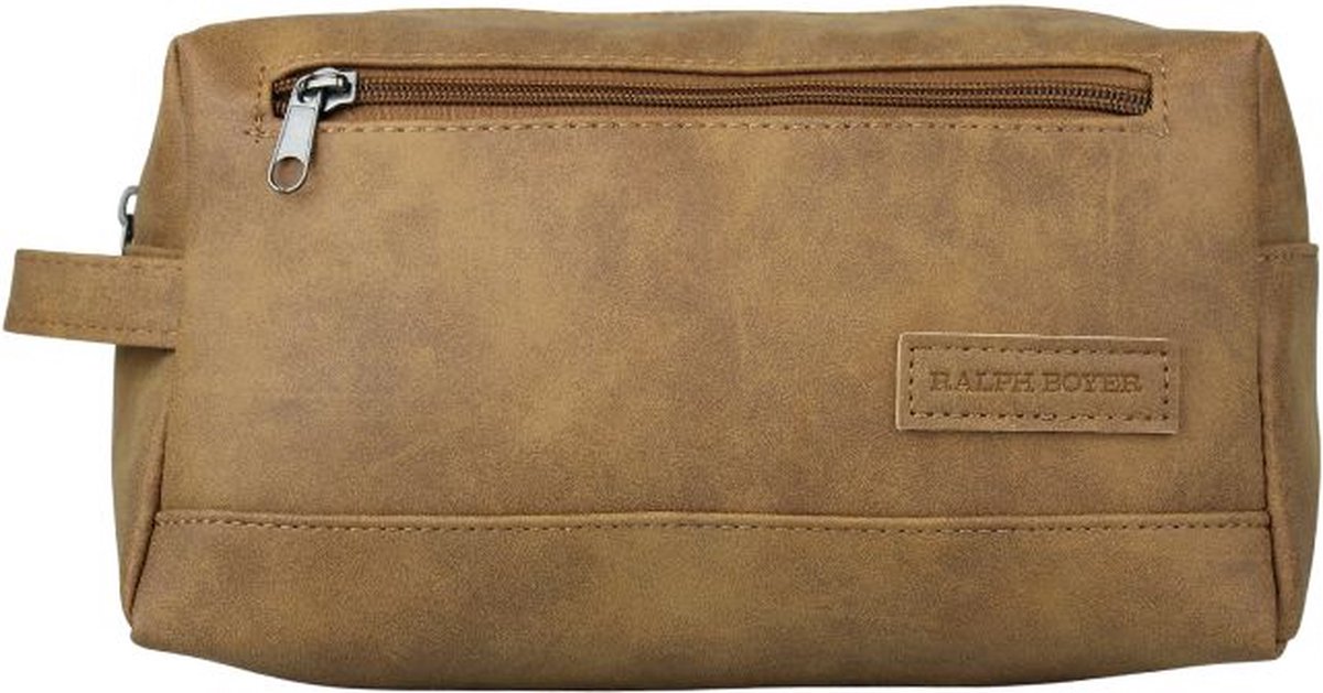 Toilettas leather look cognac - Toilettas/make-up tas met handvat voor heren/dames - Reis toilettassen - Kerstcadeau