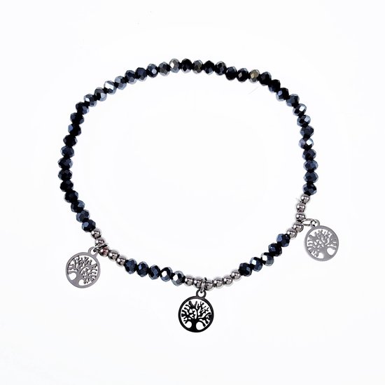 Elastische Armband Dames - Blauwgrijze Facet Geslepen Glaskralen - RVS Zilver Kleur - Levensboom