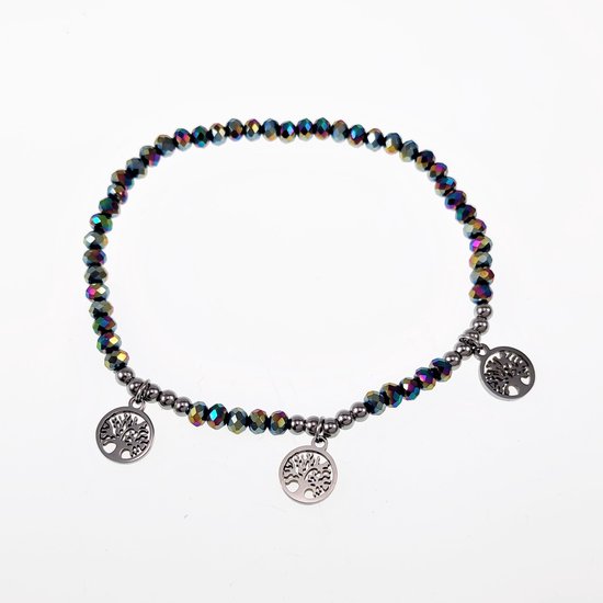 Elastische Armband Dames - Multicolor Facet Geslepen Glaskralen - RVS Zilverkleur - Levensboom