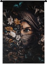 Wandkleed - Wanddoek - Vrouw - Luxe - Bloemen - Vlinder - Portret - 120x180 cm - Wandtapijt