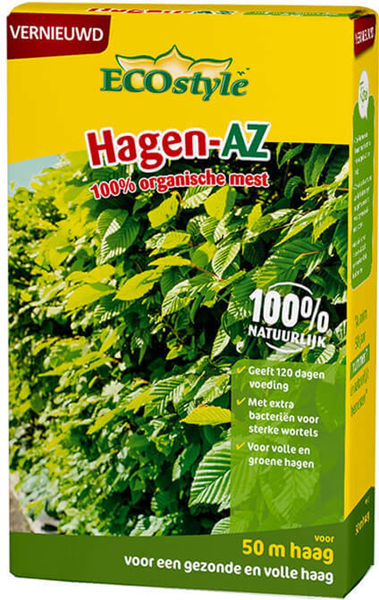 ECOstyle Hagen-AZ Organische Tuinmest - voor Gezond Bodemleven - Remt Uitval van Bladeren - 120 Dagen Voeding - voor 50m haag - 2,75 KG