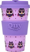 Quy Cup 400ml Ecologische Reis Beker - “Owl” - BPA Vrij - Gemaakt van Gerecyclede Pet Flessen met Purple Siliconen deksel