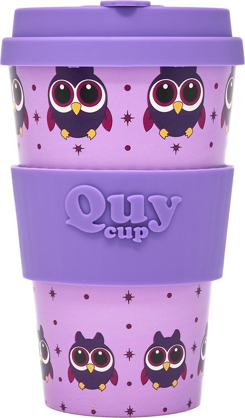 Quy Cup 400ml Ecologische Reis Beker - “Owl” - BPA Vrij - Gemaakt van Gerecyclede Pet Flessen met Purple Siliconen deksel