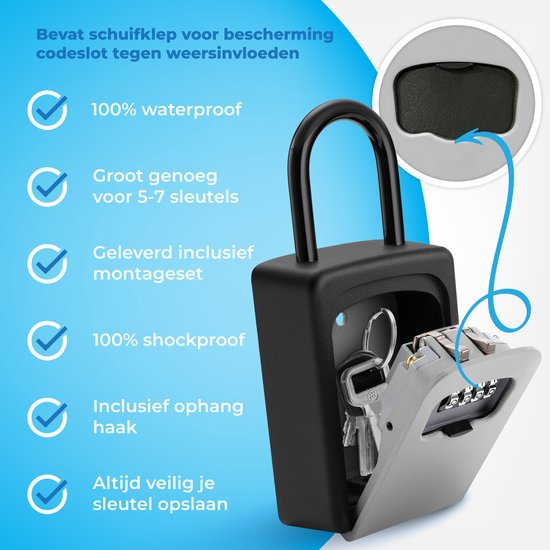 Zwarte sleutelkluis met grijze klep, 100% waterdicht, schokproof, biedt plaats aan 5-7 sleutels, inclusief montageset.