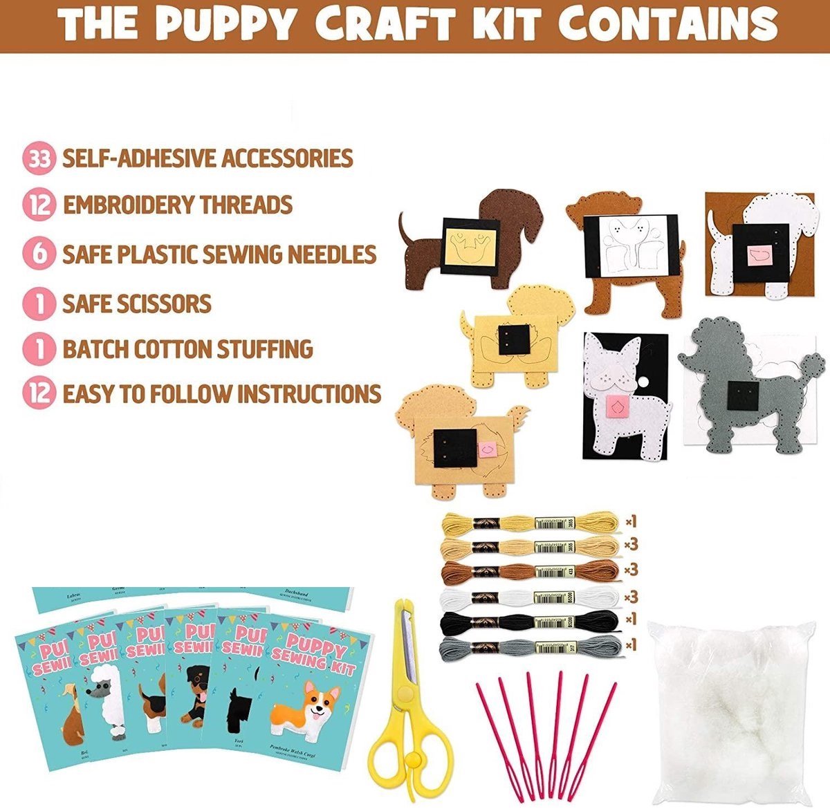 WoodyDoody Naaiset Knutselpakket Extra Large met Honden Puppy's 6 stuks Extra Large Formaat 20x20 cm - Knutselen Meisjes - Knutselen Jongens - Knutselpakket Meisjes en Jongens - Honden en Puppy's Knuffels Maken - Naaiset voor Kinderen — afbeelding 2