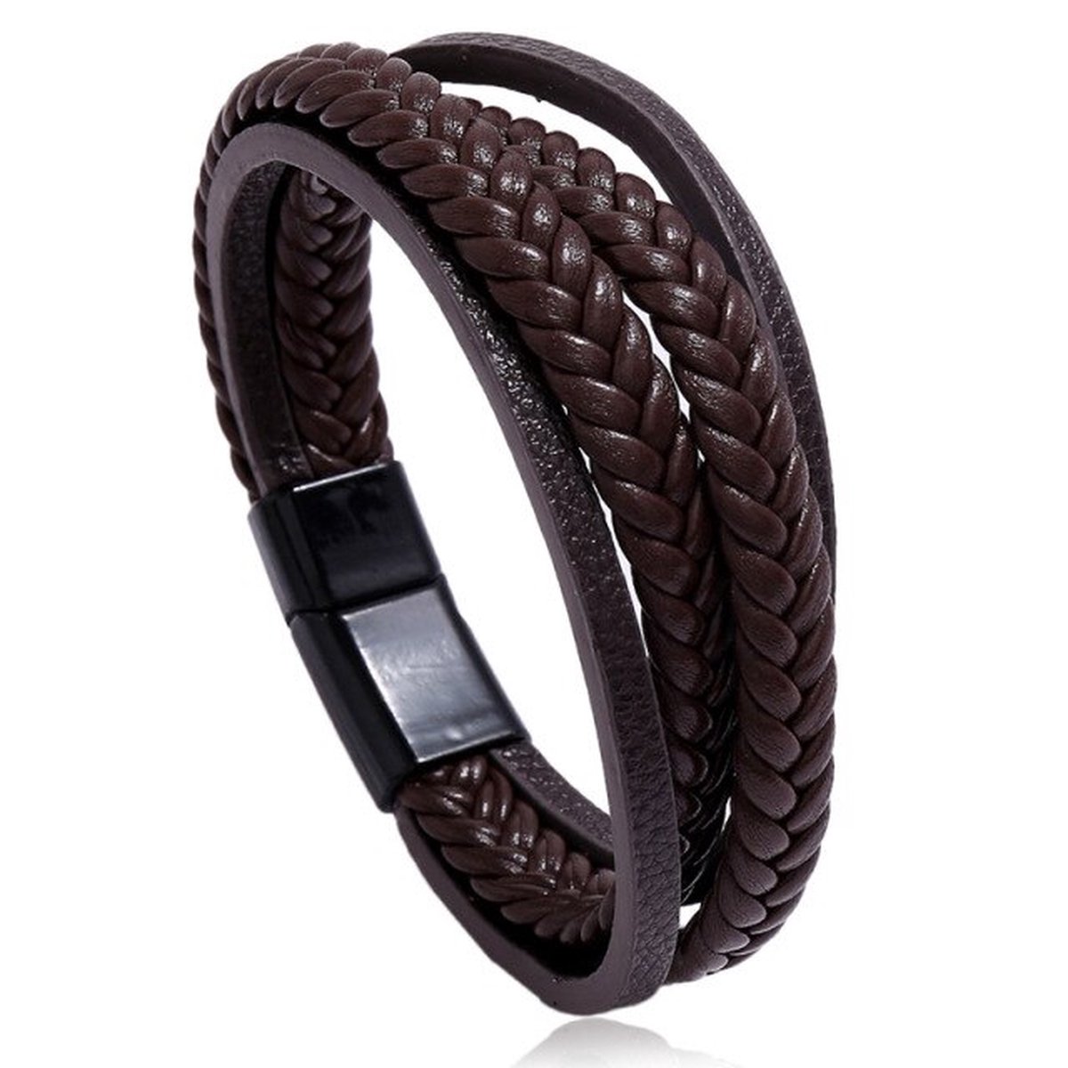 Embrace-it | Leren armband bruin gevlochten 20 cm | zwarte sluiting | sieraad Valentijns cadeau