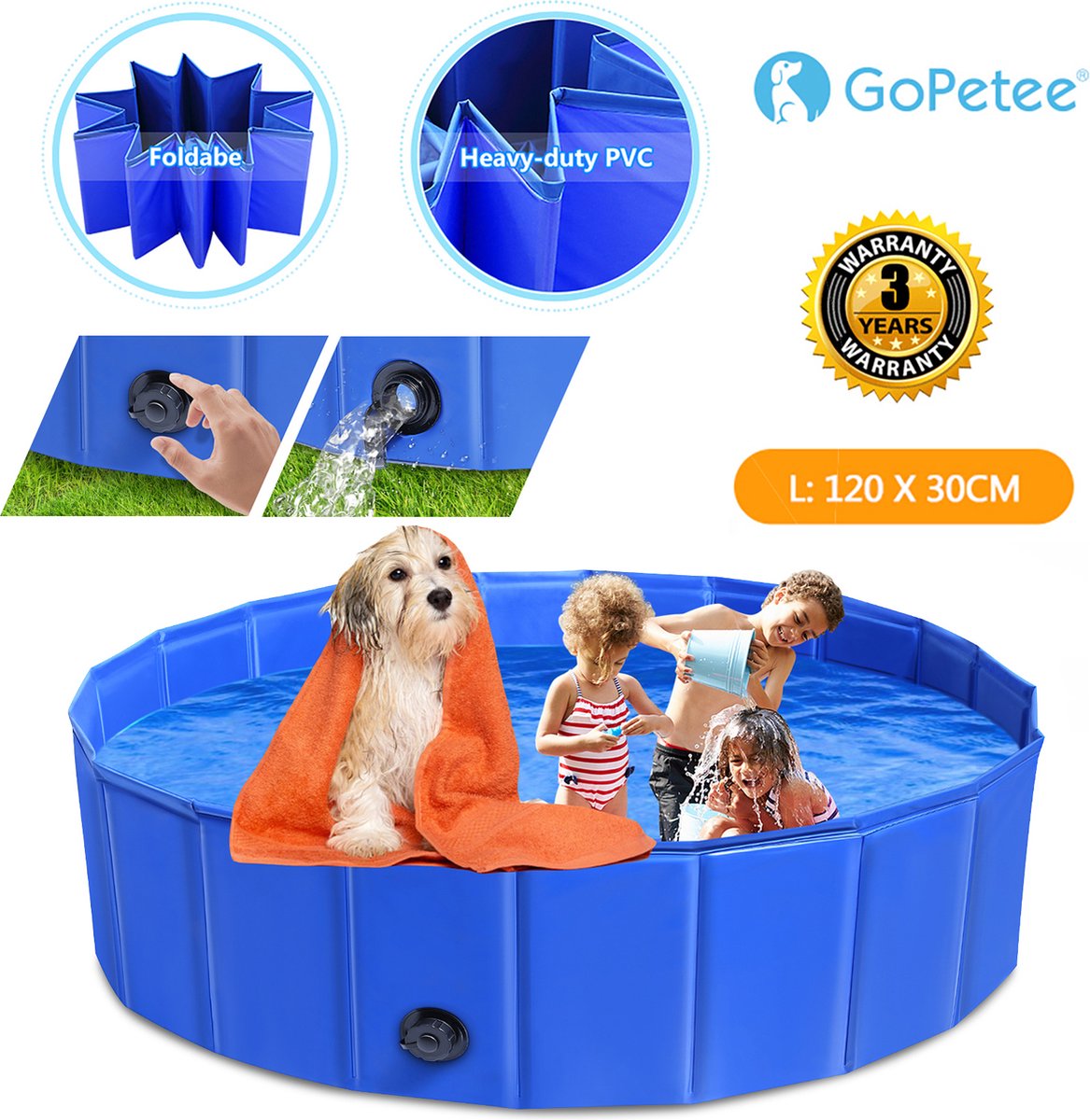 Gopetee - Honden opblaasbare zwembaden - Katten opblaasbare zwembaden - Honden Poedelen in het Zwembad - Honden Poedelbad met Afvoerklep - Opvouwbaar Hondenbad - Badkuip voor huisdieren - Blauw - L