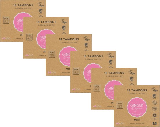 Ginger Organic Tampons - Mini - Voordeelverpakking 108 stuks - 100% biologisch katoen - Dermatologisch getest - Comfortabel