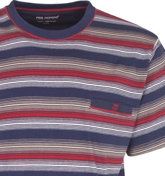 Paul Hopkins pyjamashirt met blauwe, rode en beige strepen en een borstzakje met logo.