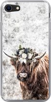 Geschikt voor iPhone SE 2022 hoesje - Schotse hooglander - Marmer print - Bloemen - Siliconen Telefoonhoesje