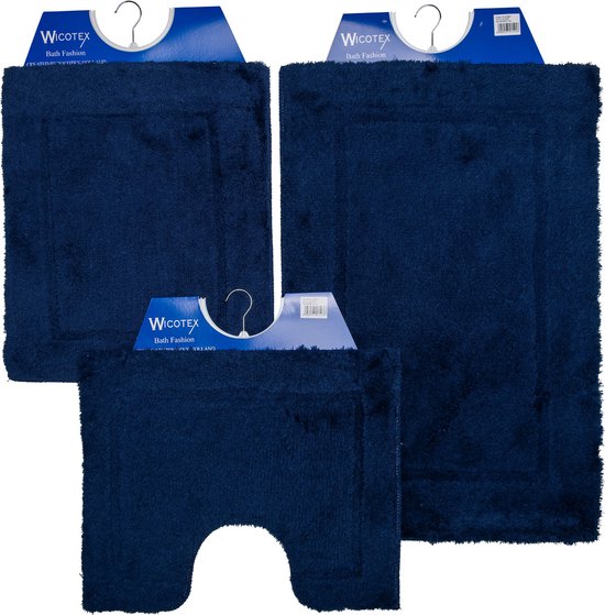 Wicotex-Badmat-set-Badmat-Toiletmat-Bidetmat uni blauw-Antislip onderkant-WC mat-met uitsparing
