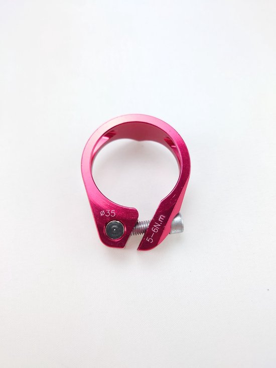 Roze aluminium zadelpenklem met 'Ø35' en '5-6N.m' markeringen.