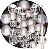 Kerstversiering kunststof kerstballen met glazen piek zilver 6-8-10 cm pakket van 37x stuks - Kerstboomversiering