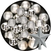 Kerstversiering kunststof kerstballen zilver 4-5-6-8 cm pakket van 38x stuks - Met kunststof ster piek van 19 cm