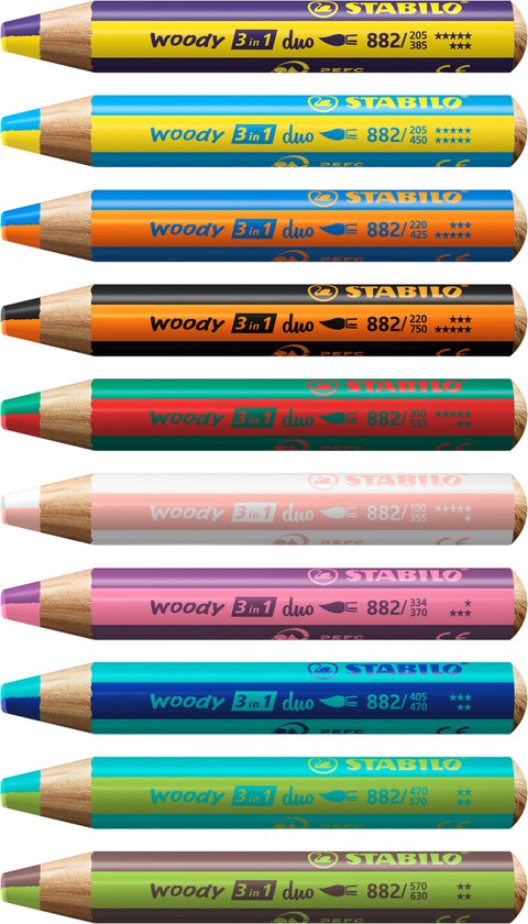 STABILO Woody 3 en 1 Duo - Crayon de Couleur Multi Talent - Trousse 10 Couleurs + Taille- Taille-crayon