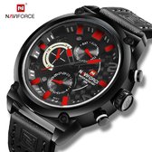 NAVIFORCE horloge voor mannen, met zwarte lederen polsband, zwarte uurwerkkast en rode wijzerplaat ( model 9068L BRB ), verpakt in mooie geschenkdoos