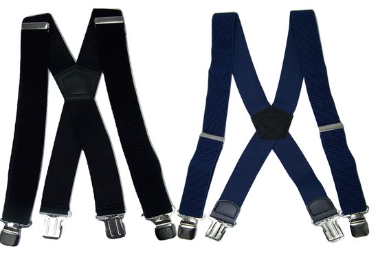 Flores Lederwaren - Duopack - Heren - Dames Bretels – 4 brede stalen clips bretel - Unisex volwassenen -Motorrijders – Spijkerbroek – Beroepskleding – Skikleding – Kleuren: Zwart en Donkerblauw.