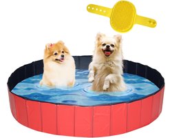 Lendo Online - Hondenzwembad Ø160x30cm - Bad voor honden - Hondenbad - Dierenzwembad - Opzetzwembad - inklapbaar - PVC - Rood / Blauw- Inclusief Hondenborstel Kam