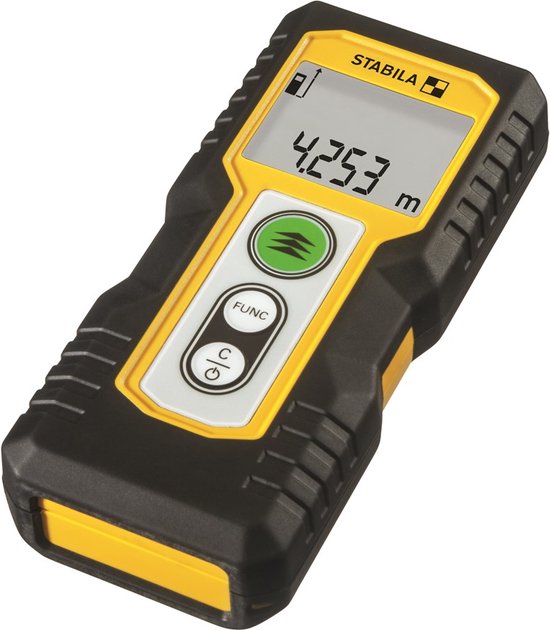 Stabila laser afstandsmeter, zwart met gele accenten, op witte achtergrond.
