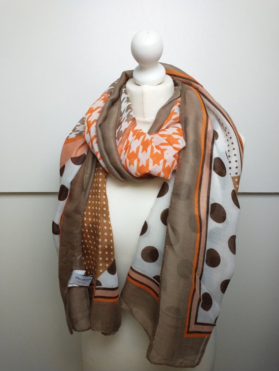 Lange dames sjaal Ellen gestipt fantasiemotief taupe bruin wit oranje camel meloen