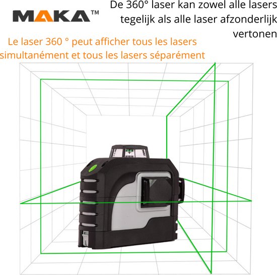 MAKA 3x 360° Groene Kruislijnlaser Zelfnivellerend - 0,3 mm/m - 30 M - 3D 12 lijnen - Met richtplaat - Bouwlaser - MAKA