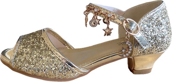 Prinsessen schoenen goud glitter + bedeltjes maat 28 - binnenmaat 18 cm - glitter hakken - Spaanse schoenen kinderen