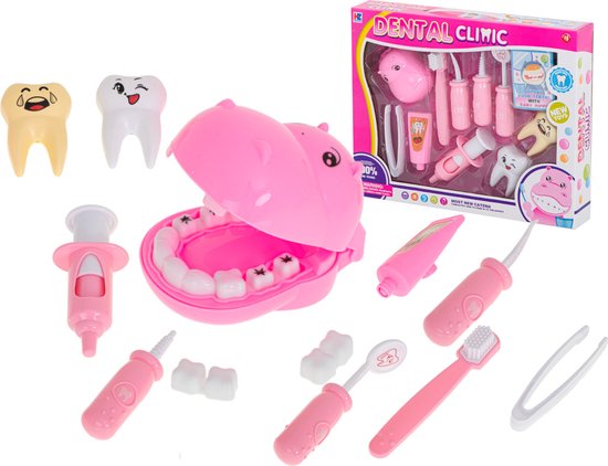 Toy Doctor Set - Ensemble de dentiste - Hippopotame - Rose - Set de Play -  13 pièces 