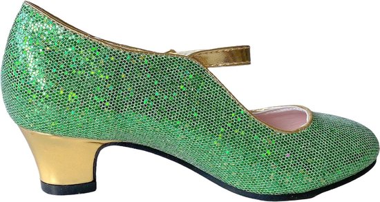 Prinsessen schoentjes Spaanse schoenen met hakje groen goud - Maat 30 (binnenmaat 19,5 cm) bij Anna prinsessenjurk - speelgoed schoenen -