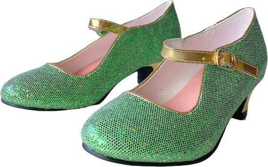Prinsessen schoentjes Spaanse schoenen met hakje groen goud - Maat 30 (binnenmaat 19,5 cm) bij Anna prinsessenjurk - speelgoed schoenen -