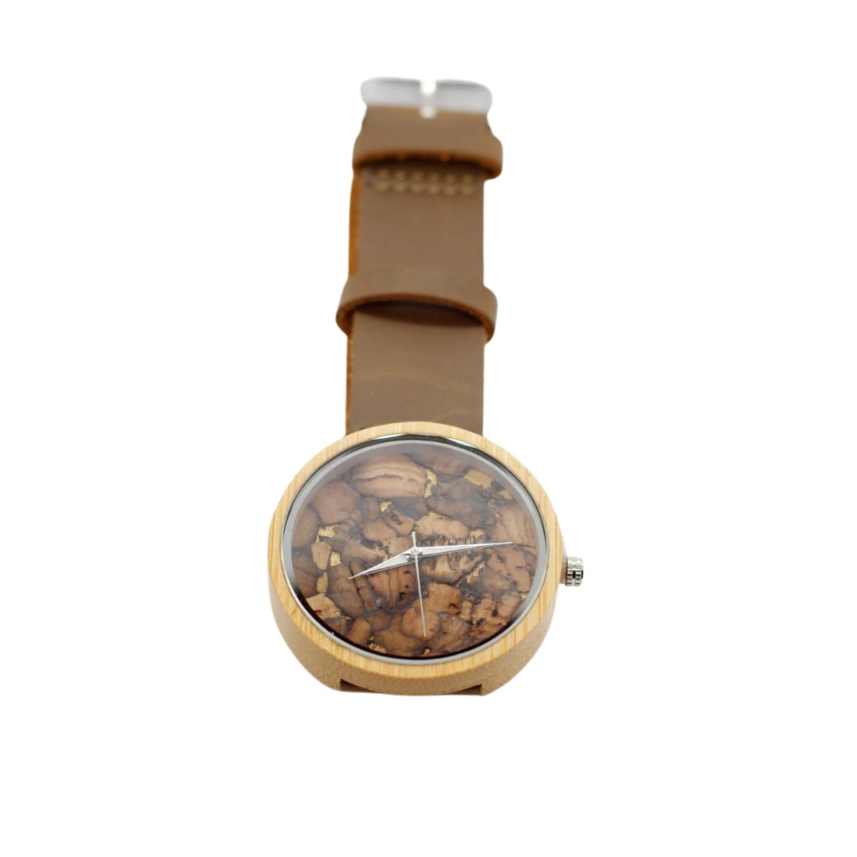 Houten Horloge met leren band - Unisex - Quartz - Hout - Polshorloge - Druksluiting - Ecologische wacht - Met kurk - Bruin lederen band