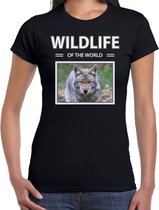 Dieren foto t-shirt Wolf - zwart - dames - wildlife of the world - cadeau shirt wolven liefhebber XS