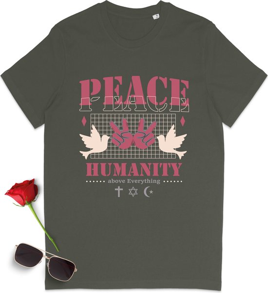 T Shirt Dames - Vrede voor de Mensheid - Groen (Khaki) - Maat XXL