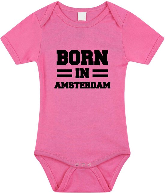 Born in Amsterdam tekst baby rompertje roze meisjes - Kraamcadeau - Amsterdam geboren cadeau 68