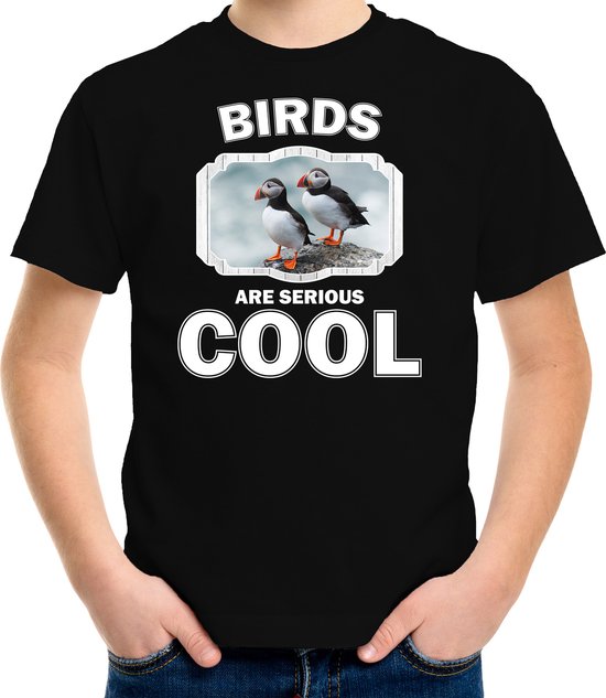 Dieren vogels t-shirt zwart kinderen - birds are serious cool shirt  jongens/ meisjes - cadeau shirt papegaaiduiker vogel/ vogels liefhebber - kinderkleding / kleding 122/128