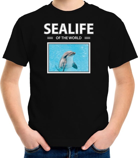 Dieren foto t-shirt Dolfijn - zwart - kinderen - sealife of the world - cadeau shirt Dolfijnen liefhebber - kinderkleding / kleding 158/164