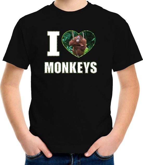 I love monkeys t-shirt met dieren foto van een Orang oetan aap zwart voor kinderen - cadeau shirt apen liefhebber - kinderkleding / kleding 146/152