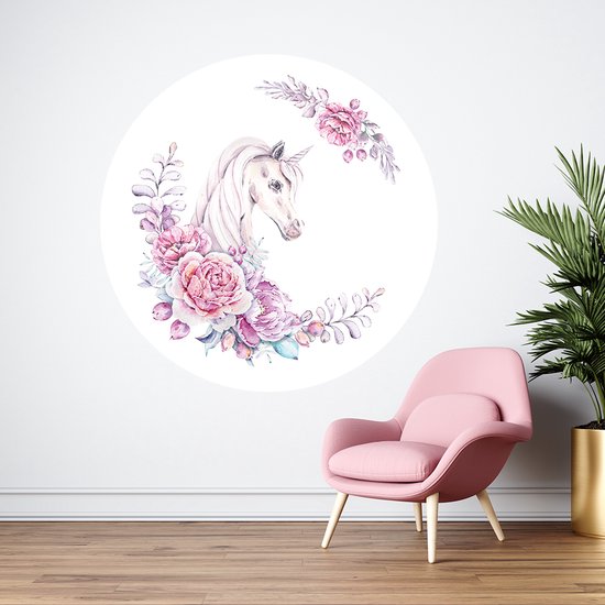 Muurcirkel Unicorn florals - Ø 100 cm - Dieren - Muurcirkel binnen - Wanddecoratie - Forex - Babykamer en kinderkamer
