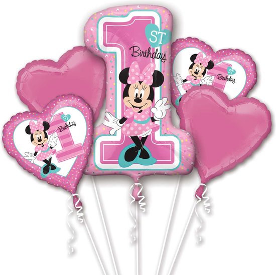 Folie ballon boeket Minnie Mouse 1 jaar 5 stuks