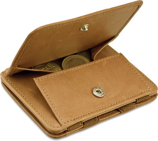 Hunterson compacte Portemonnee voor heren en dames uit leder, Kaarthouder met RFID-bescherming, Portefeuille met muntvak en plaats voor 6 kaarten, Magic Wallet, Cognac