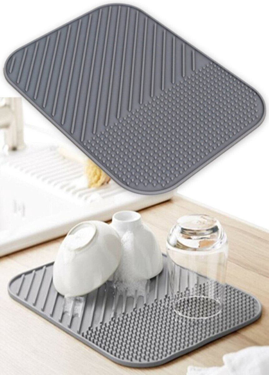 Goedkoopste Afdruipmat met GRATIS Afwasbortel - Droogmat - Afdruipmat Siliconen - BPA Vrij - Afdruipmat voor Afwas - GRATIS Siliconen Afwasborstel - Grijs