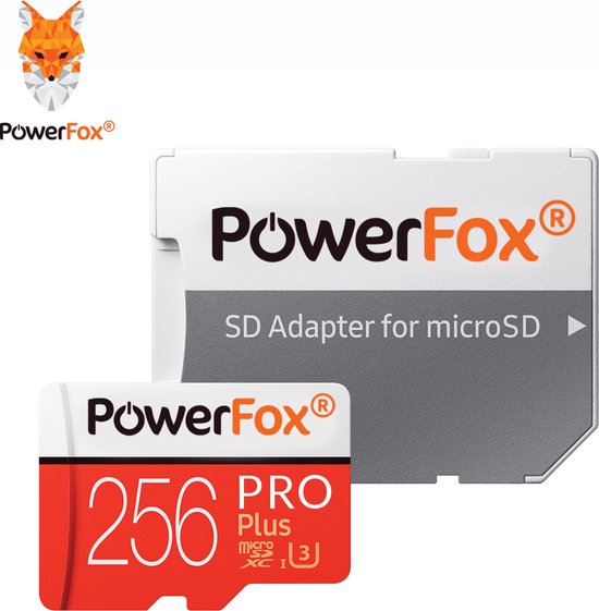 Carte microSDXC PowerFox® PRO Plus 256Go avec adaptateur. Blanc et orange.