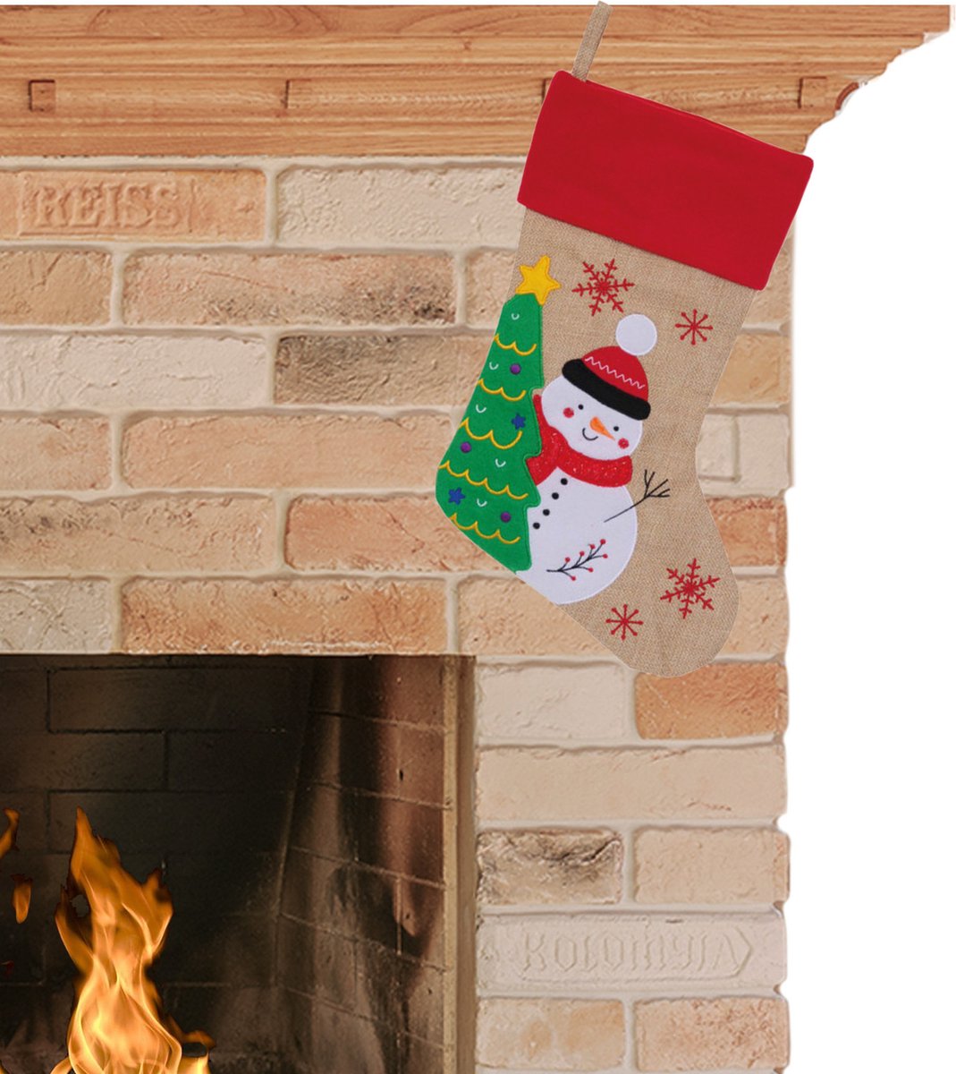 Kerstsok - beige met rood - polyester - H46 cm - Kerstversiering
