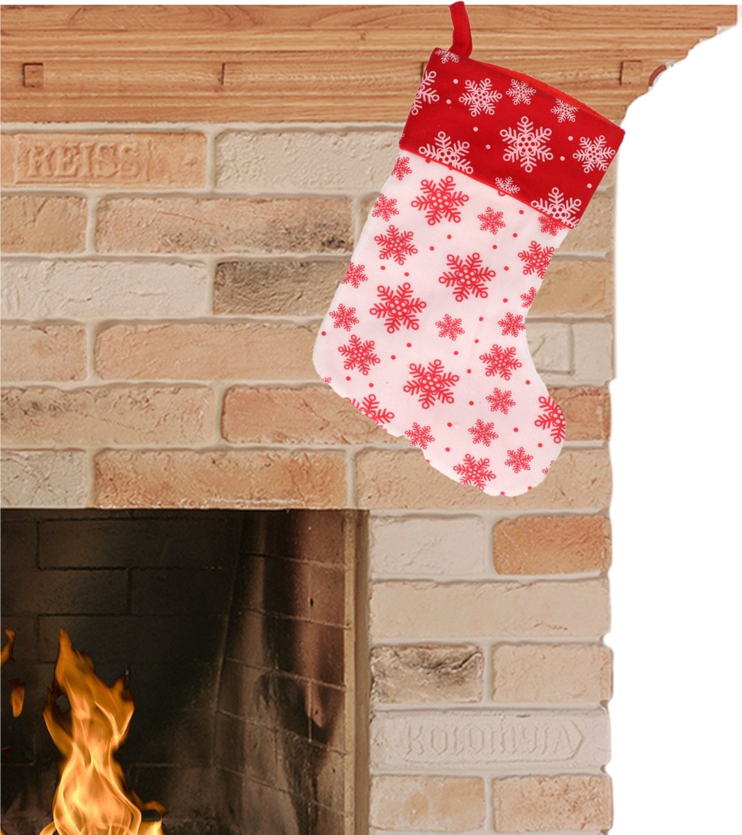 Kerstsok in wit en rood, 40 cm hoog, polyester met sneeuwvlokken.