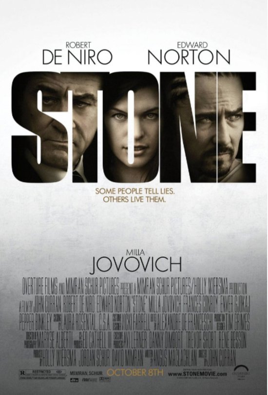 Film poster met de gezichten van Robert De Niro, Edward Norton en Milla Jovovich. De titel 'STONE' staat centraal.