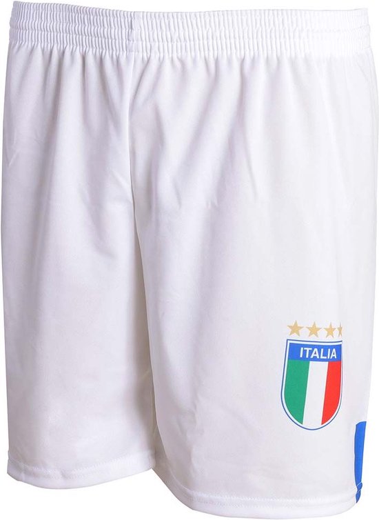 Witte voetbalbroek met opgestreken Italië-wapen en drie gouden sterren op de linkerpijp.