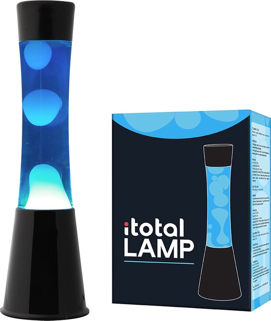 i-Total Lavalamp - Lava Lamp - Sfeerlamp - 40x11 cm - Glas/Aluminium - 30W - Blauw met witte Lava - Zwart - XL1788