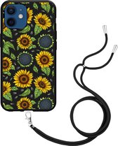 iPhone 12 / 12 Pro Hoesje met Koord Zwart Sunflowers - Designed by Cazy