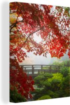 Canvas schilderij - Japans - Brug - Japanse esdoorn - Bomen - Natuur - Schilderijen op canvas - Canvas doek - 90x120 cm - Muurdecoratie
