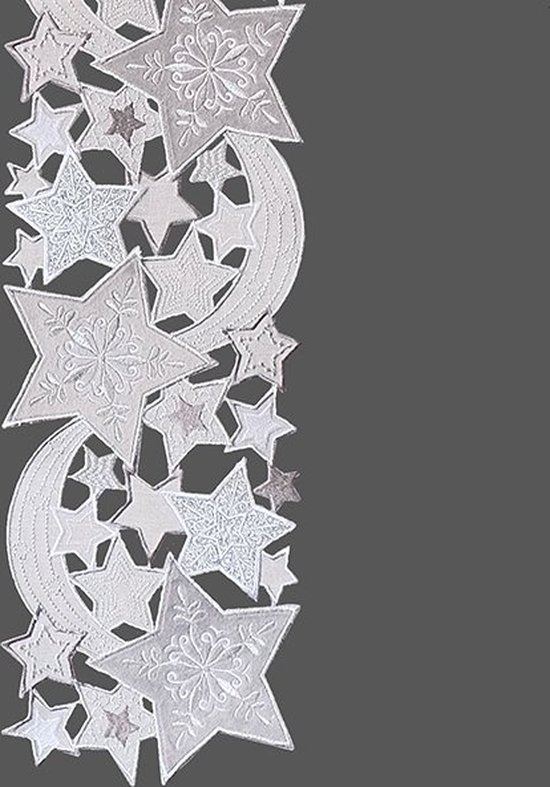 Tafelloper - Kerst - Wit met zilveren en grijze sterren - 20 x 160 cm
