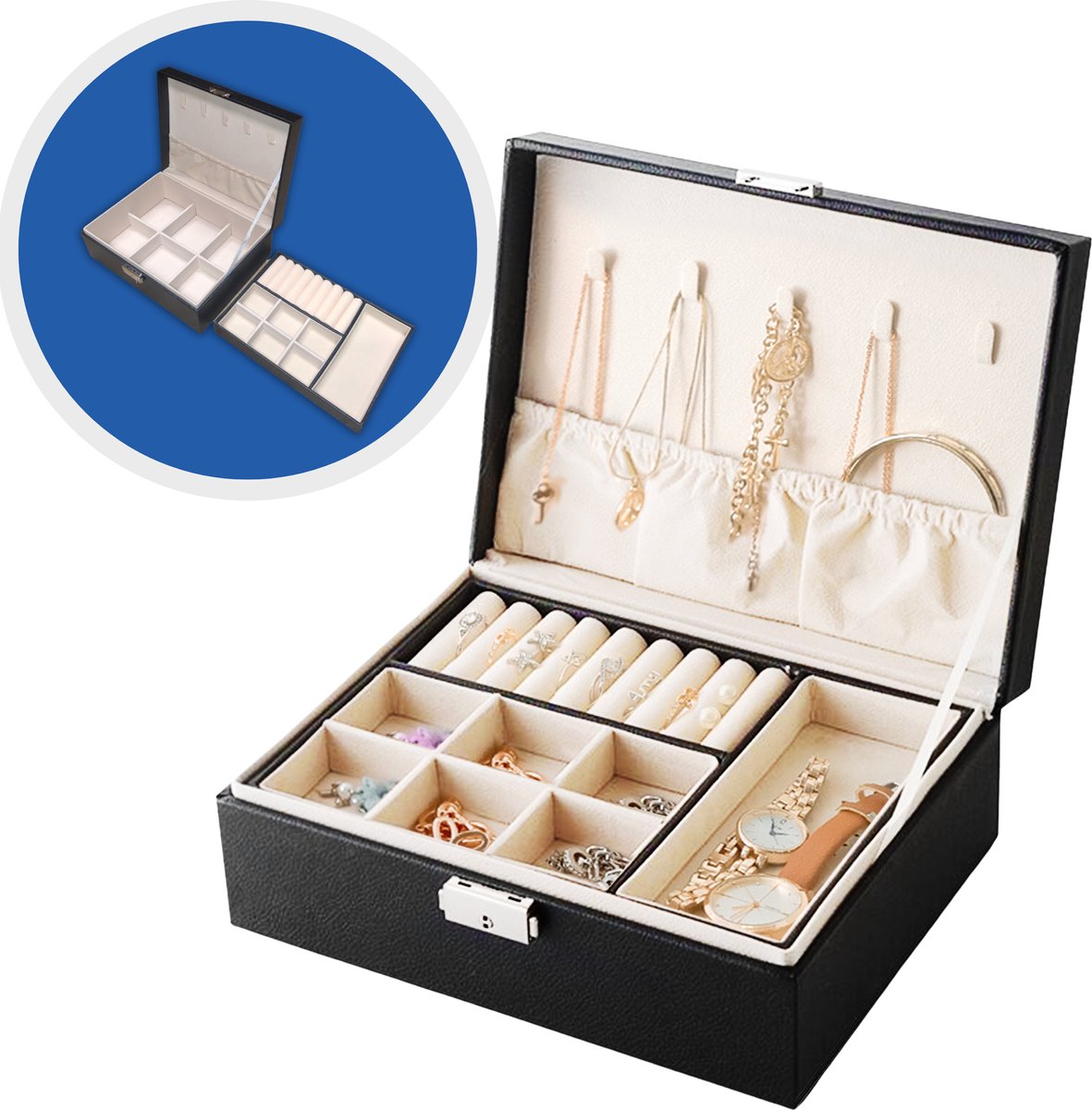 ATV PERFECTUM Luxe Sieradendoos Zwart- 2 Lagen - juwelendoos - Sieradenbox Opberger - sieraden doos - juwelen doos - Opbergbox - valentijns cadeautje voor haar